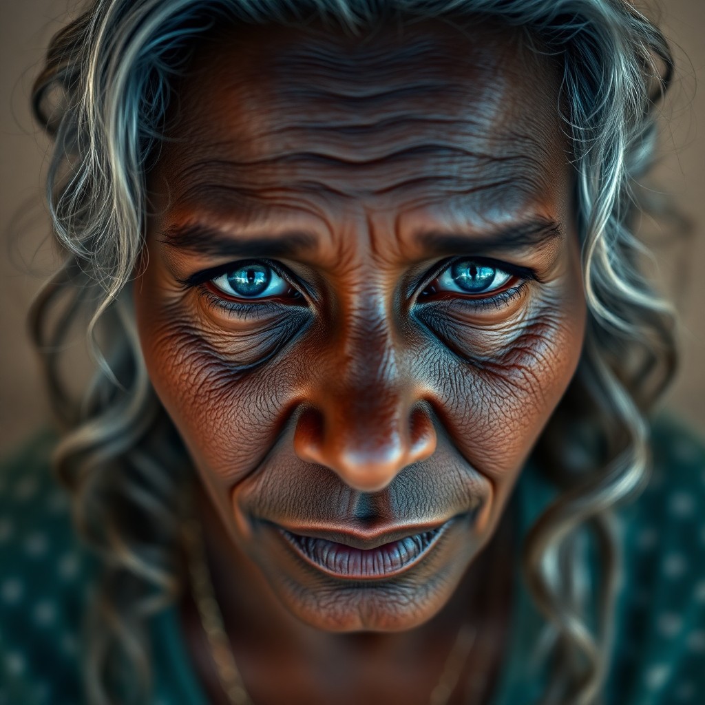 AI generated art for prompt: A captivating photorealistic portrait depicts a middle-aged Sub-Saharan African woman with shy blue 