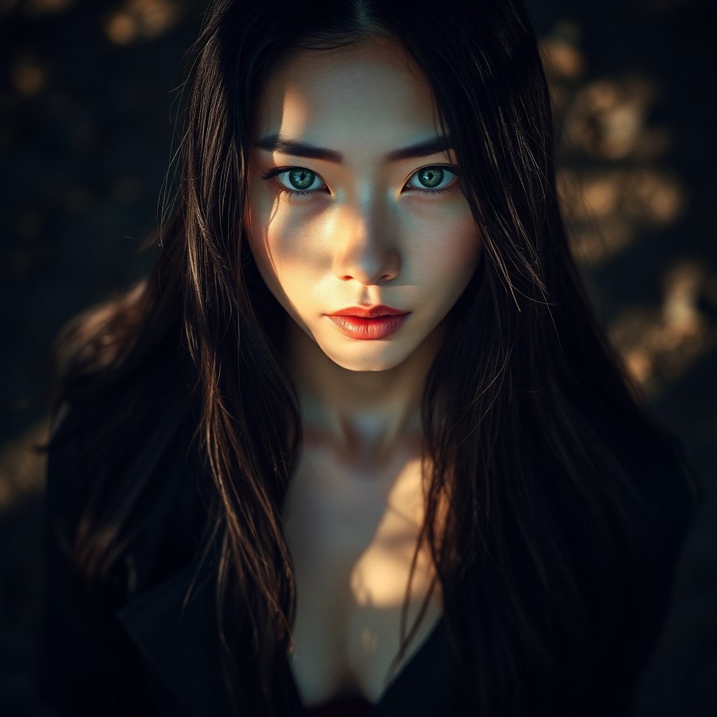 AI generated art for prompt: A super-realistic portrait showcases an East Asian woman's enigmatic presence, her long hair cascadi