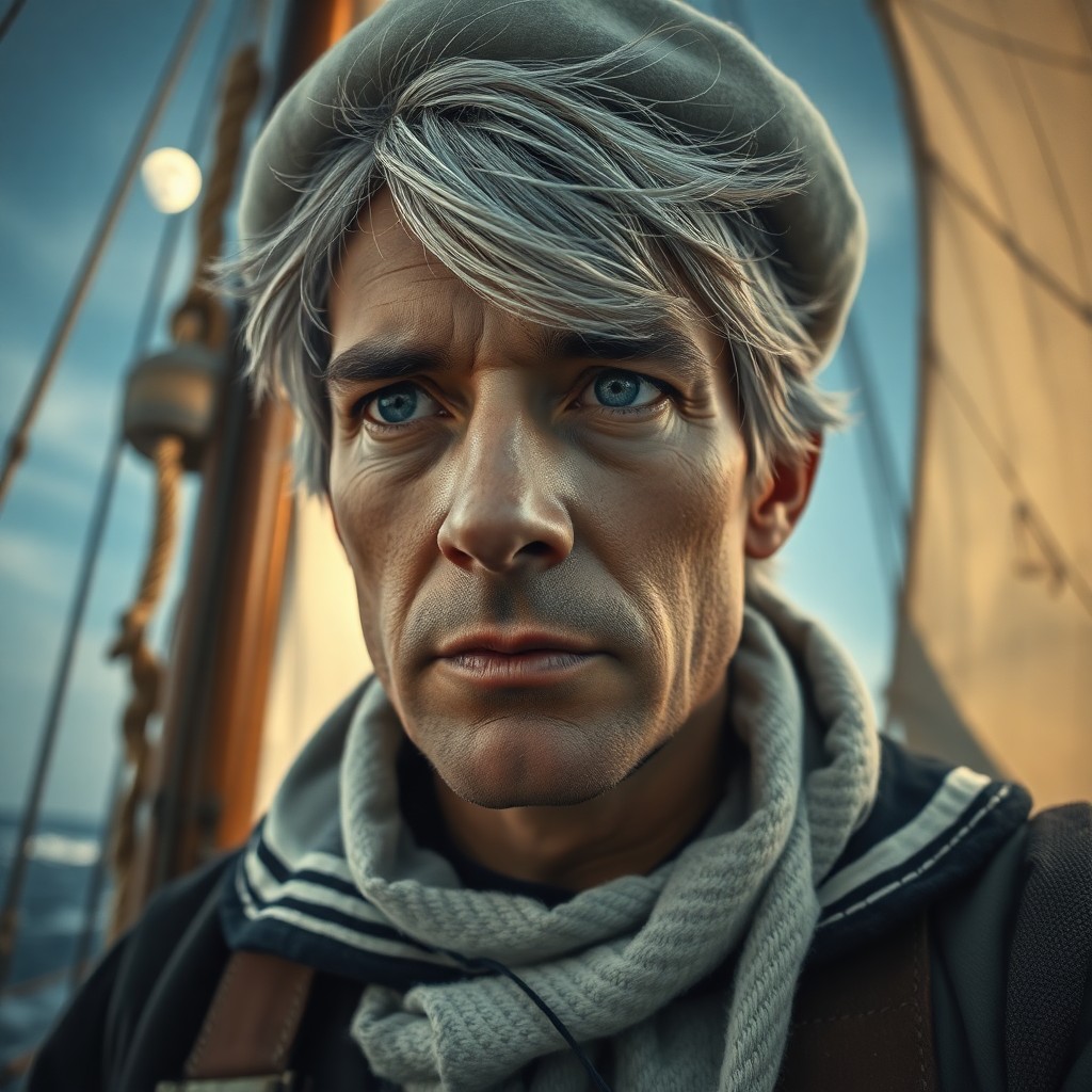 AI generated art for prompt: A captivating vintage sailor portrait with clouded blue eyes and windswept grey hair stands out in a