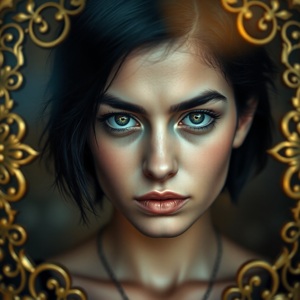 AI generated art for prompt: Craft an ultra-realistic portrait of a young Slavic woman in her 20s with short, tousled black hair 