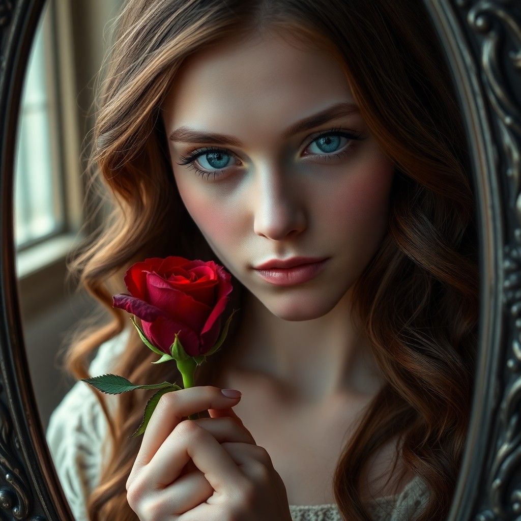 AI generated art for prompt: A highly detailed portrait photograph showcases a young Celtic woman with melancholic blue eyes acce