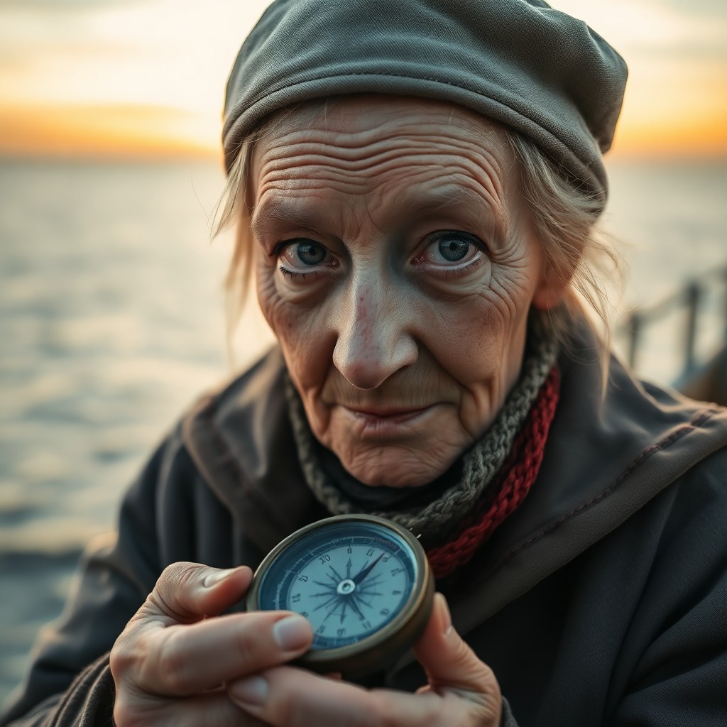 AI generated art for prompt: A captivating portrait of an elderly sailor girl showcases her rugged features, etched with vintage 