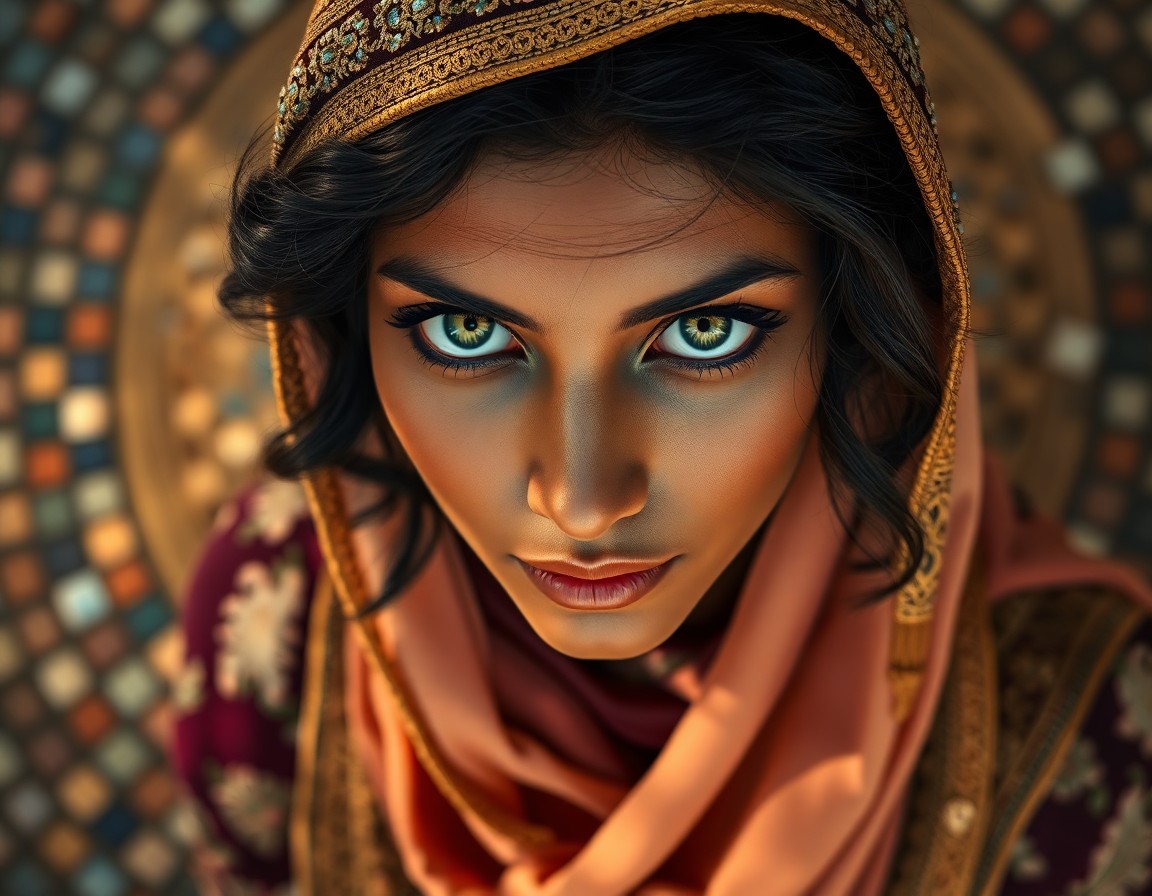 AI generated art for prompt: Craft a hyper-realistic digital painting portrait of a captivating Middle Eastern South Asian woman 