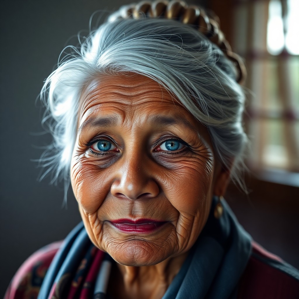 AI generated art for prompt: A captivating portrait of a distinguished Micronesian elder with tender blue eyes and silver hair st