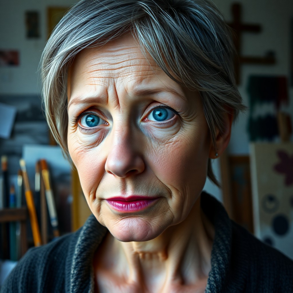 AI generated art for prompt: A photorealistic portrait of a middle-aged Nordic woman with short gray hair and prominent wrinkles,