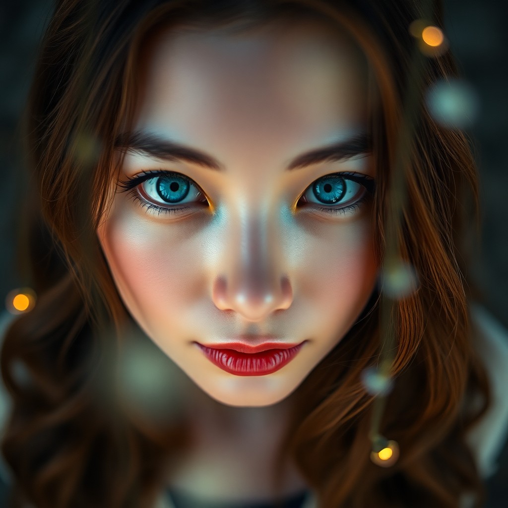 AI generated art for prompt: Envision a captivating portrait photograph of an East Asian woman with deep blue eyes and long wavy 