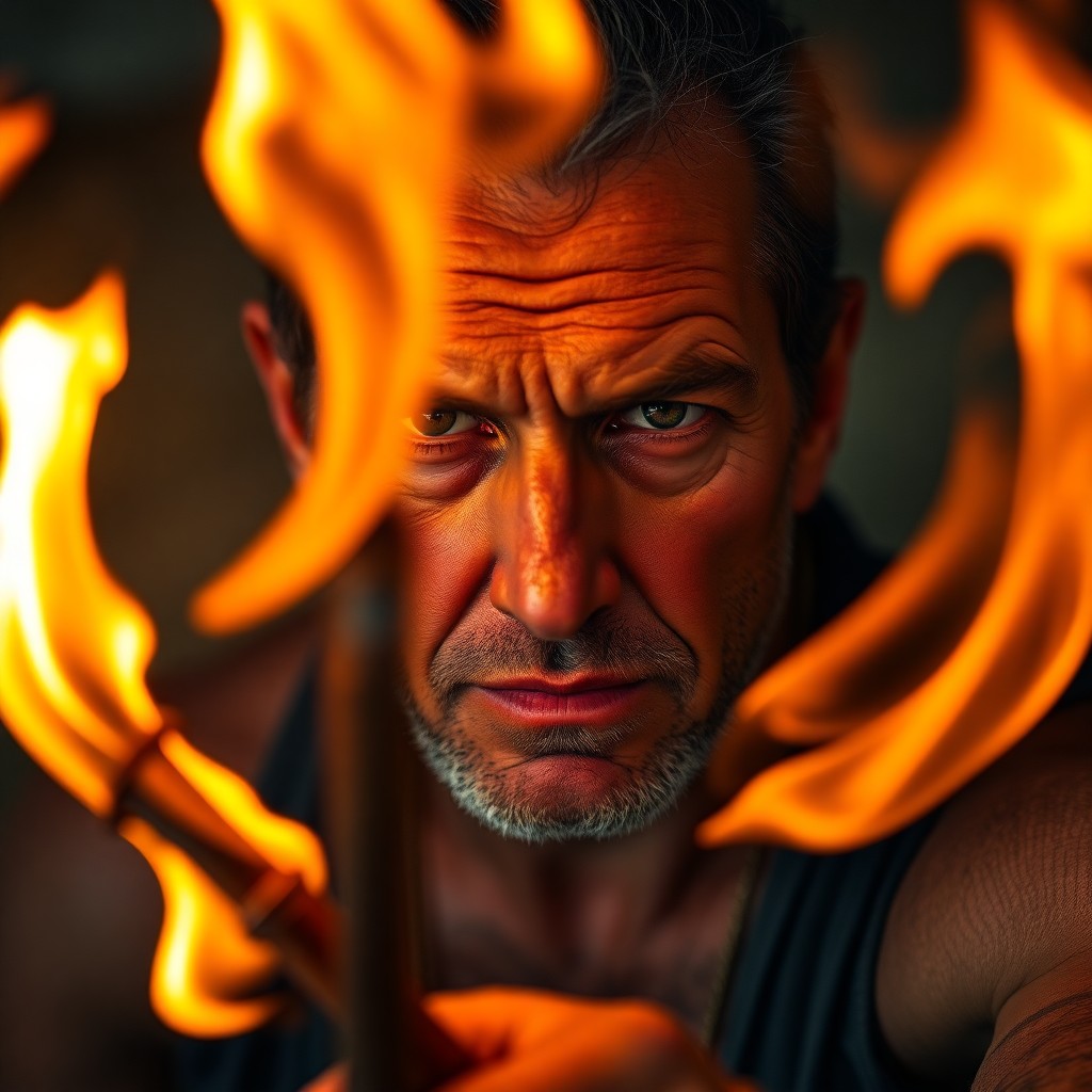 AI generated art for prompt: A photorealistic portrait photograph captures the intense focus of a seasoned fire performer as they