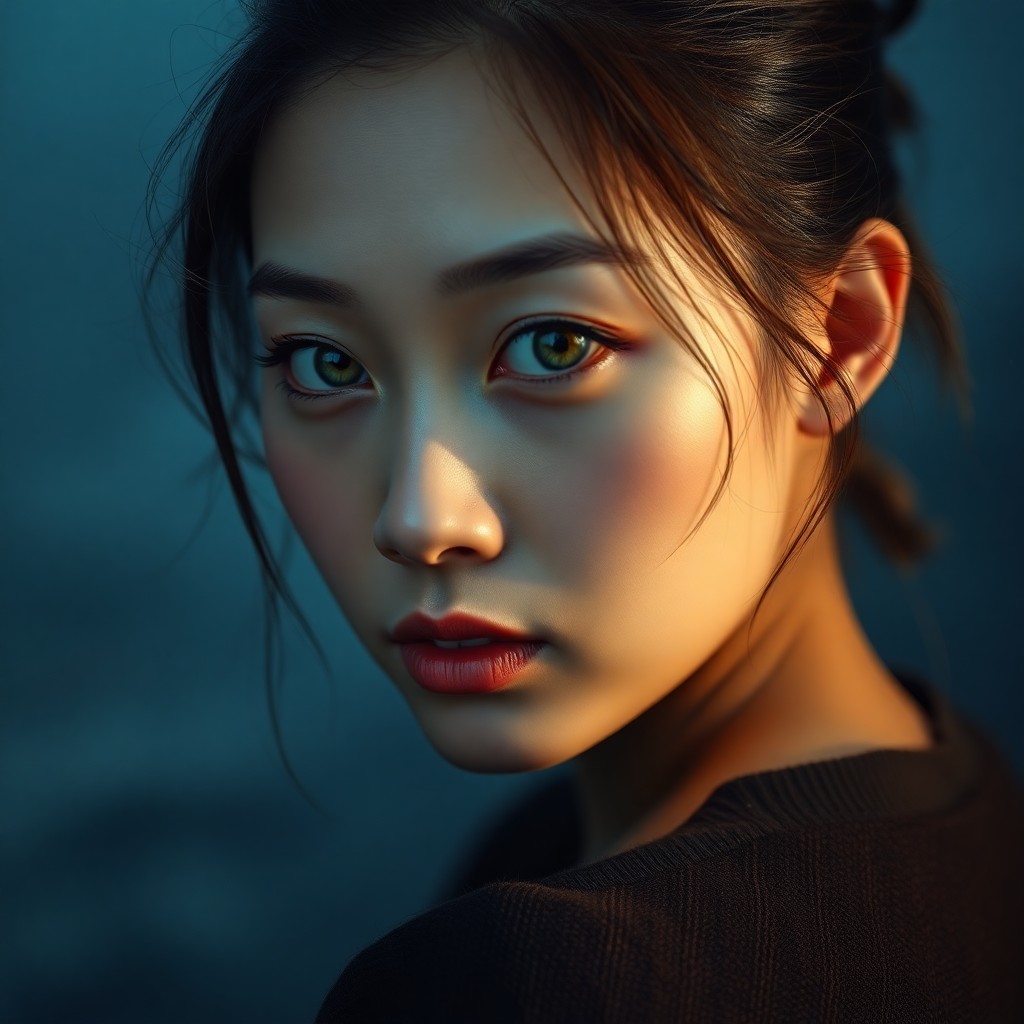 AI generated art for prompt: Craft a photorealistic portrait of an East Asian woman with clouded green eyes and fine, wispy hair 