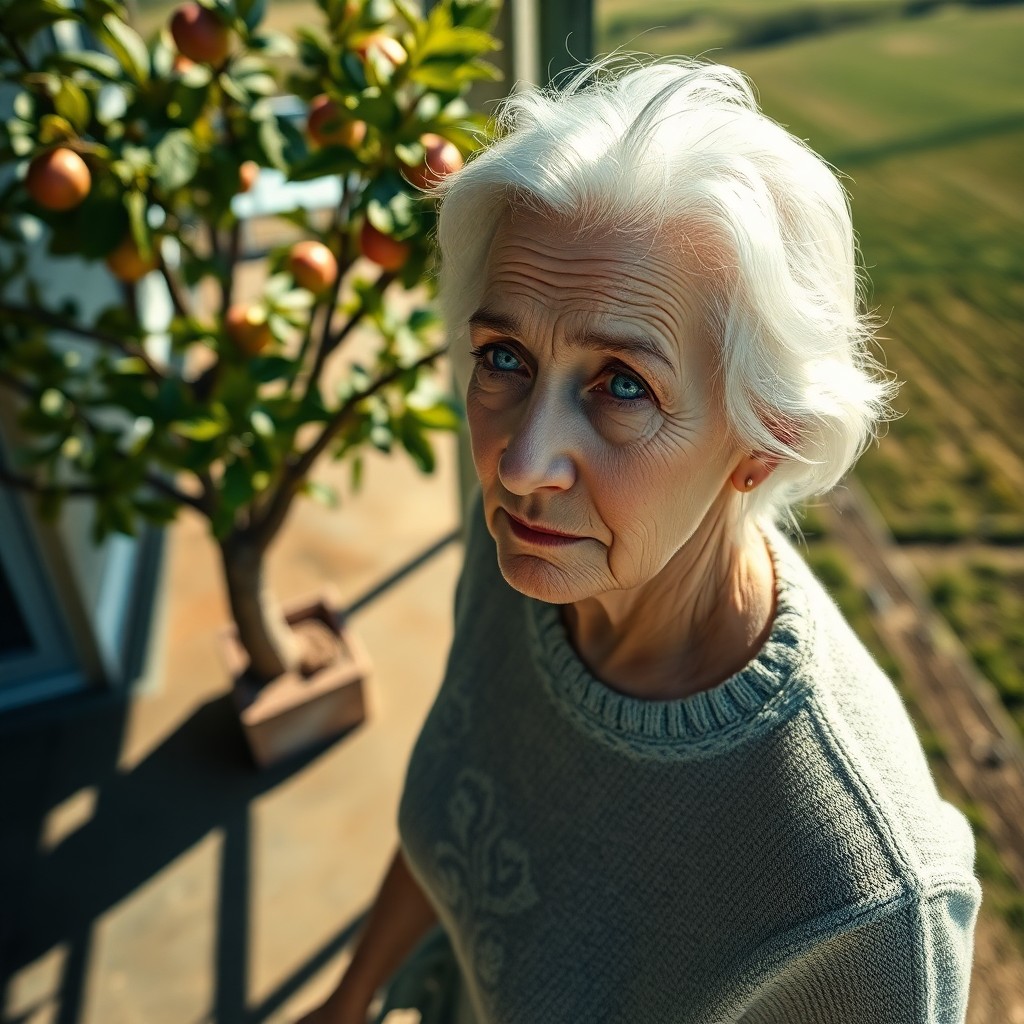 AI generated art for prompt: Craft an ultrarealistic portrait of a resilient elderly Caucasian woman with snow-white hair and unf