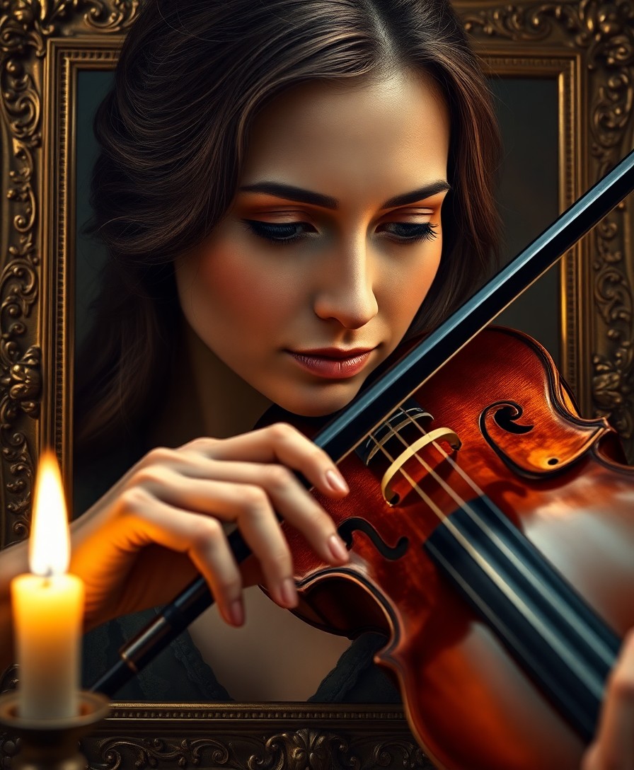 AI generated art for prompt: Envision a hyperrealistic portrait of an accomplished violinist, captured from a 'bug's-eye view' pe