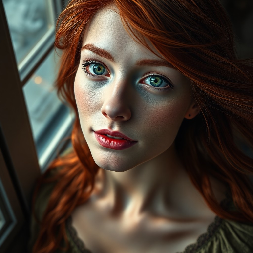 AI generated art for prompt: A super-realistic portrait of a young Caucasian woman with docile green eyes and flowing red hair is