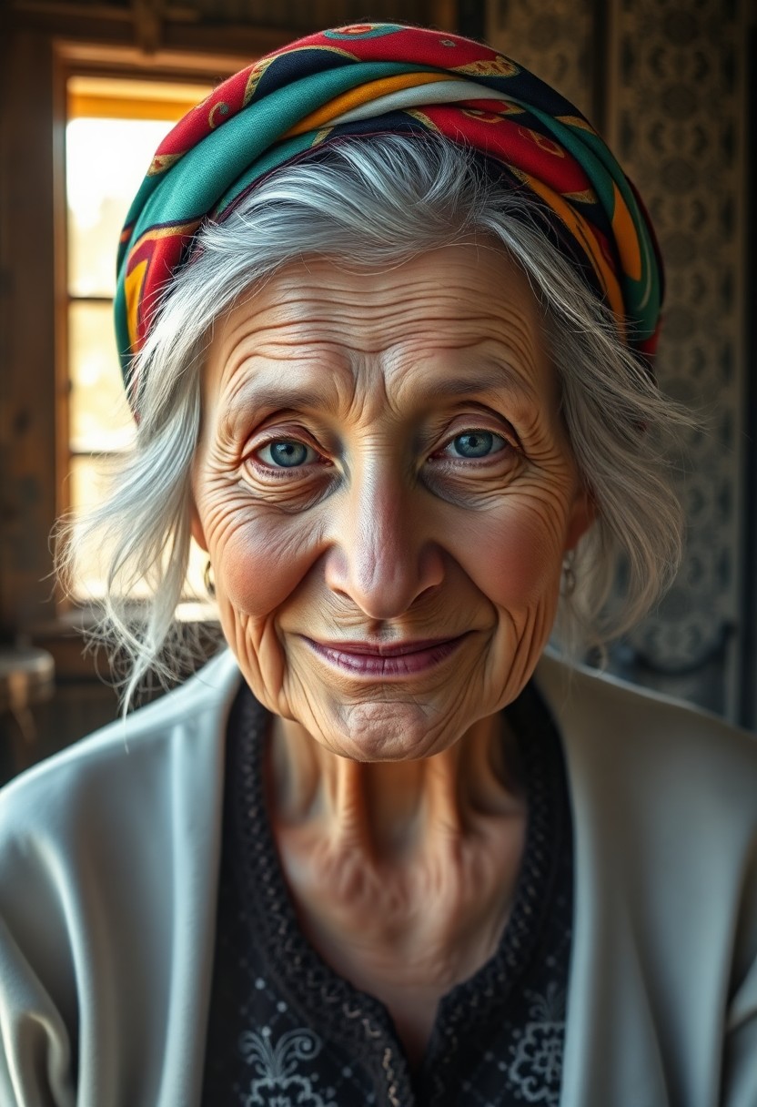 AI generated art for prompt: Create a photorealistic portrait of an elderly Slavic woman, her face etched with wisdom and adorned