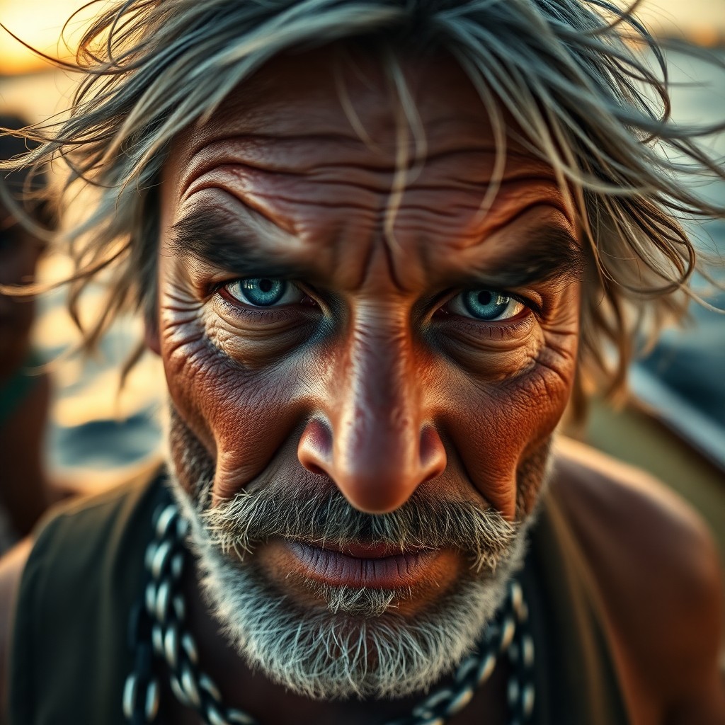 AI generated art for prompt: A photorealistic portrait captures a world-weary fisherman from an unusual 'bug's-eye view' perspect