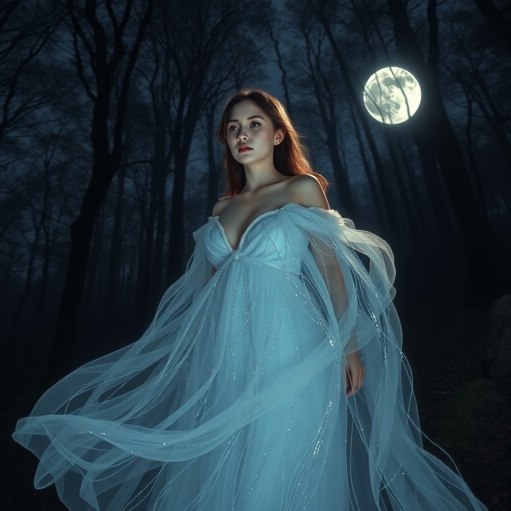 AI generated art for prompt: An ultra-realistic portrait captures the serene essence of 'The Moonlit Whisper,' featuring an ether