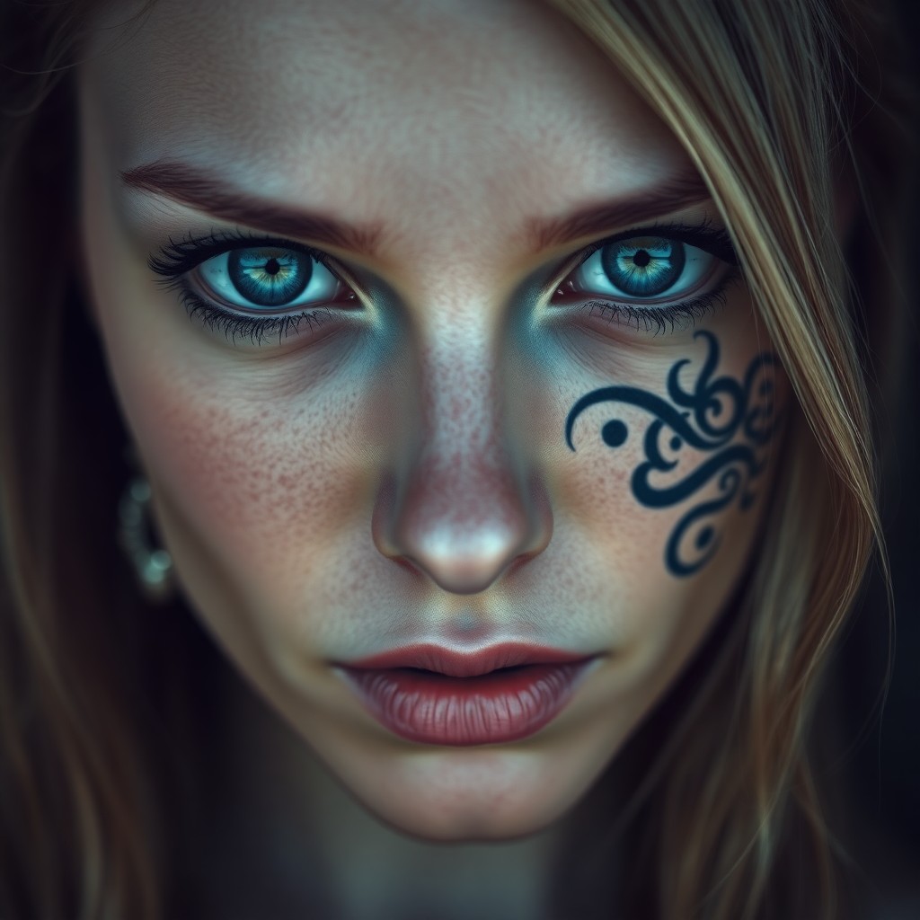 AI generated art for prompt: A captivating Celtic woman with intense blue eyes and a bold, intricate facial tattoo on her right c