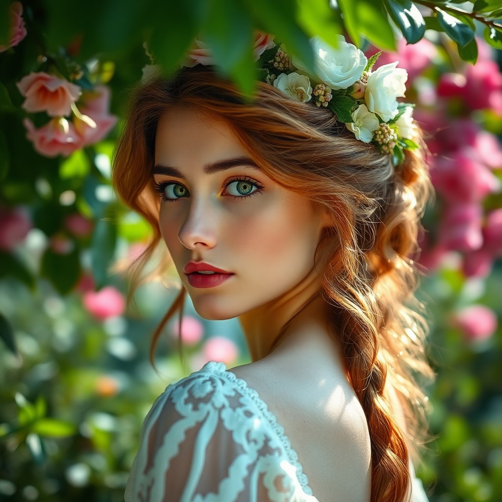 AI generated art for prompt: Craft a captivating portrait of a young Slavic woman with enchanting green eyes and sun-kissed skin,