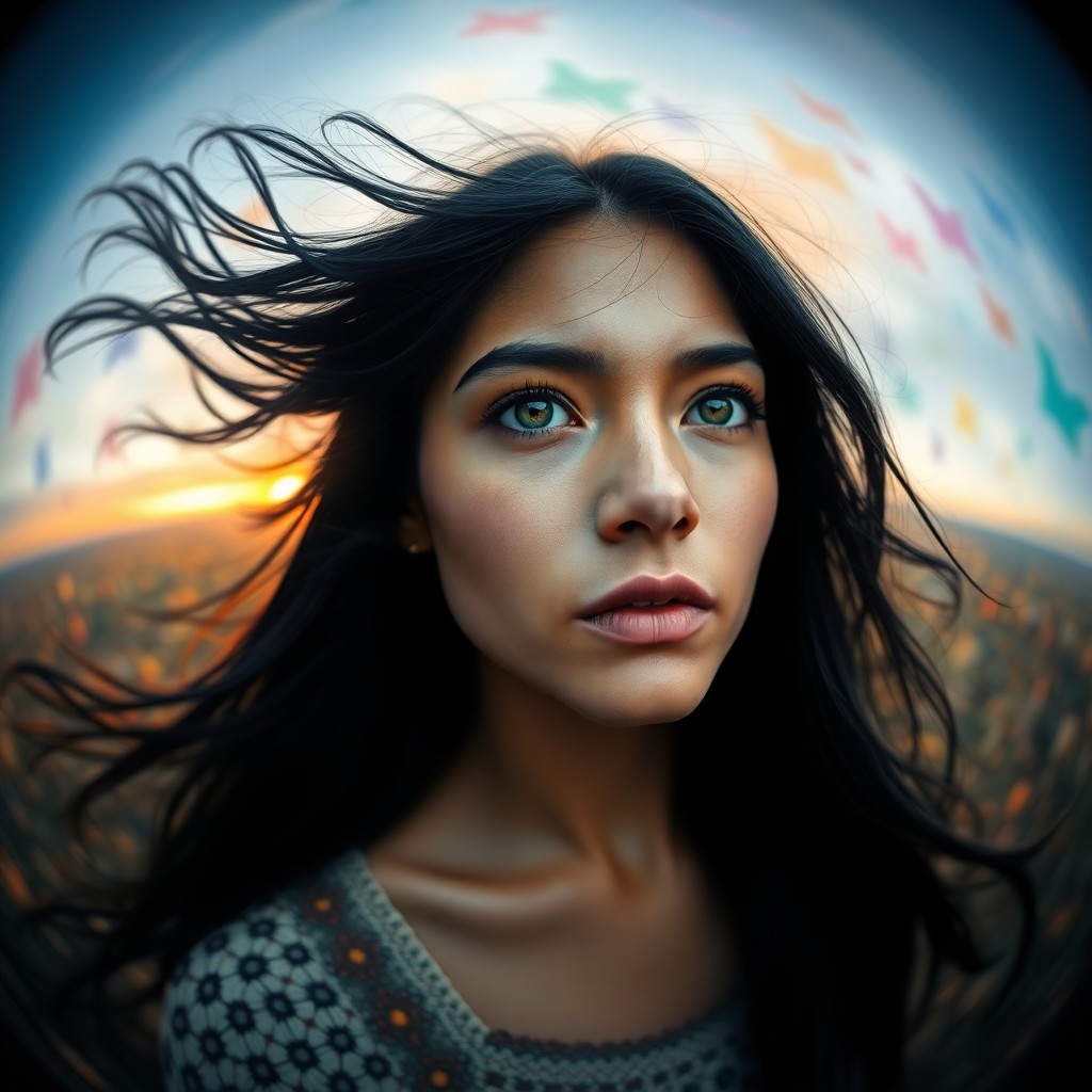 AI generated art for prompt: Generate a highly realistic portrait of an Andean woman with flowing dark hair and soft green eyes, 