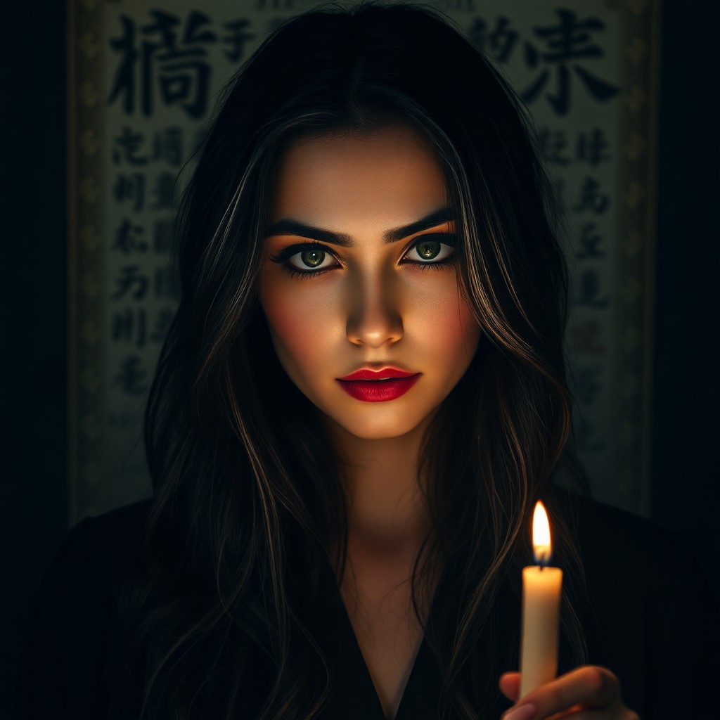 AI generated art for prompt: Imagine a portrait photograph of a mysterious fortune teller, her warm green eyes and raven-black ha