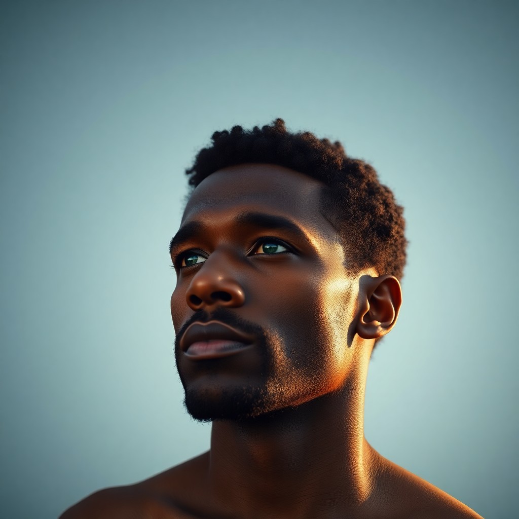 AI generated art for prompt: Visualize a hyperrealistic portrait of a Caribbean man in his mid-thirties, adorned with short, curl