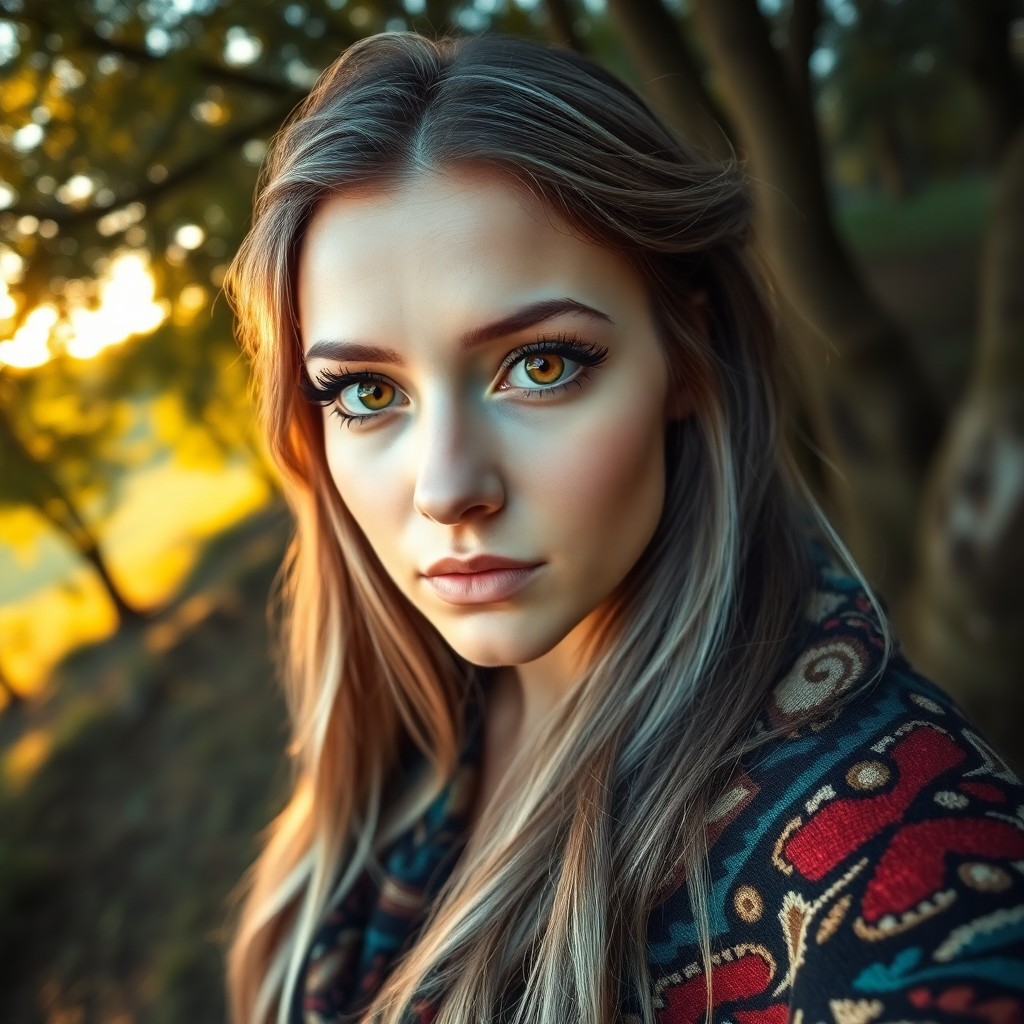 AI generated art for prompt: An enigmatic Celtic woman with captivating amber eyes and long silver-streaked hair, framed by thick