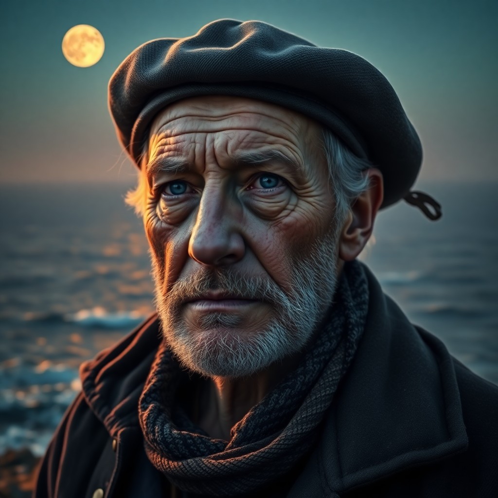 AI generated art for prompt: Envision a hyper-realistic portrait of an elderly sea captain with serene blue eyes bathed in waning