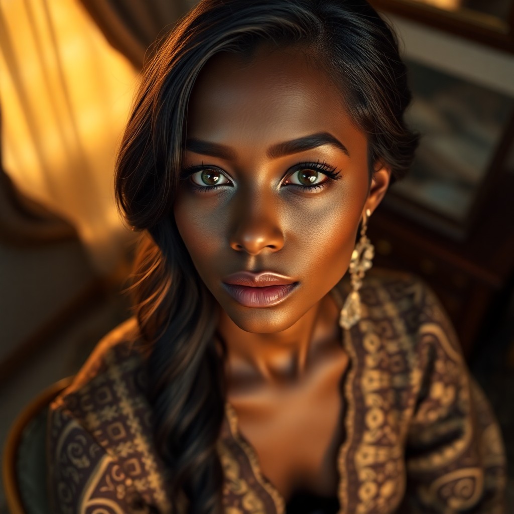 AI generated art for prompt: A mesmerizing portrait presents a 30-year-old Sub-Saharan African woman with olive skin and high che