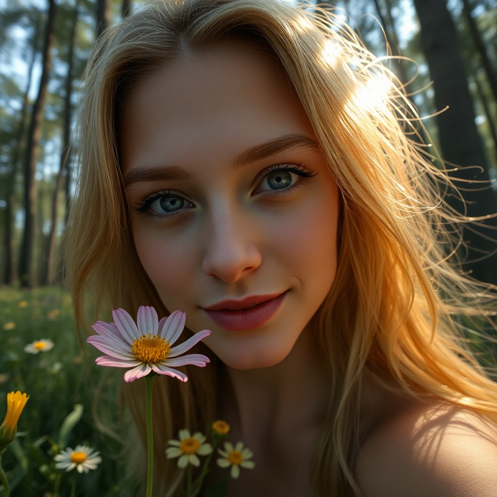 AI generated art for prompt: Craft a hyper-realistic portrait of a serene young Slavic woman with sun-kissed skin and flowing hon