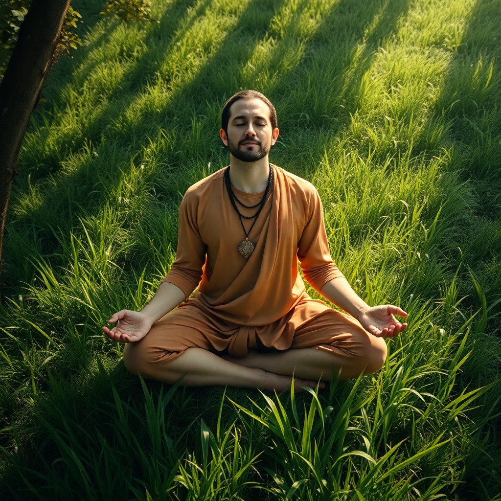 AI generated art for prompt: A captivating ultrarealistic portrait, showcasing a meditating yogi in nature from an aerial perspec