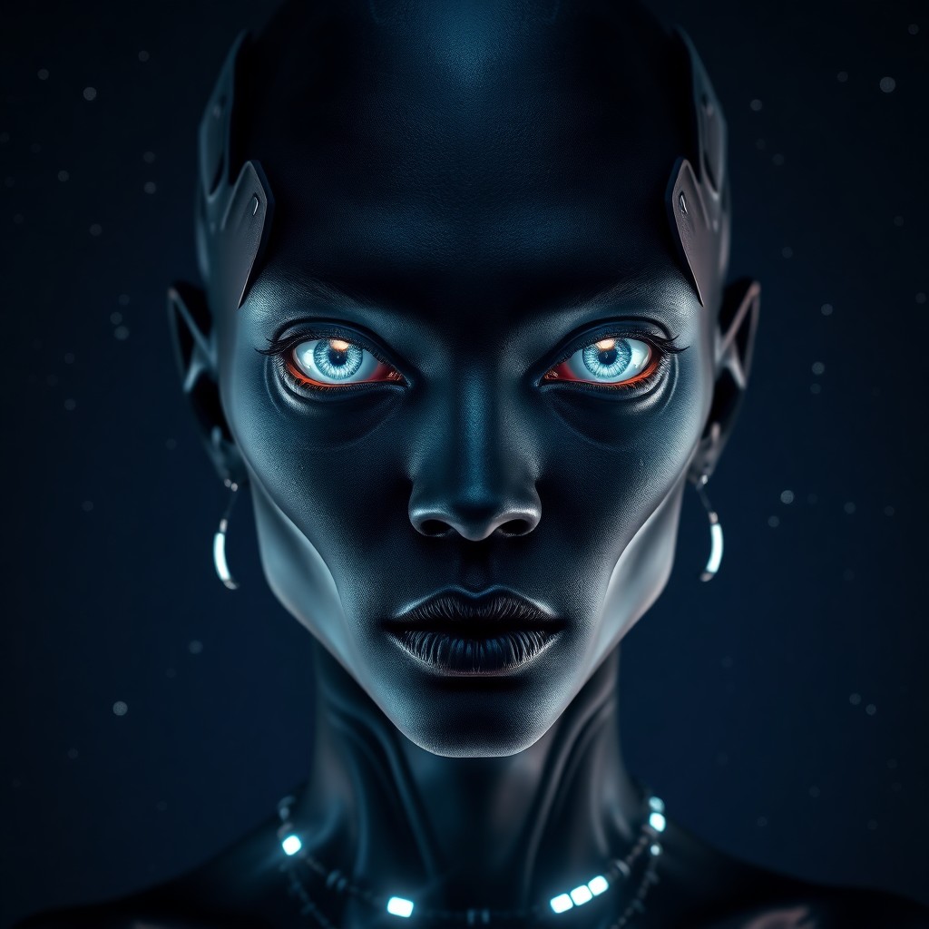 AI generated art for prompt: Envision a hyperrealistic portrait of an extraterrestrial figure, their luminescent tattoos pulsing 