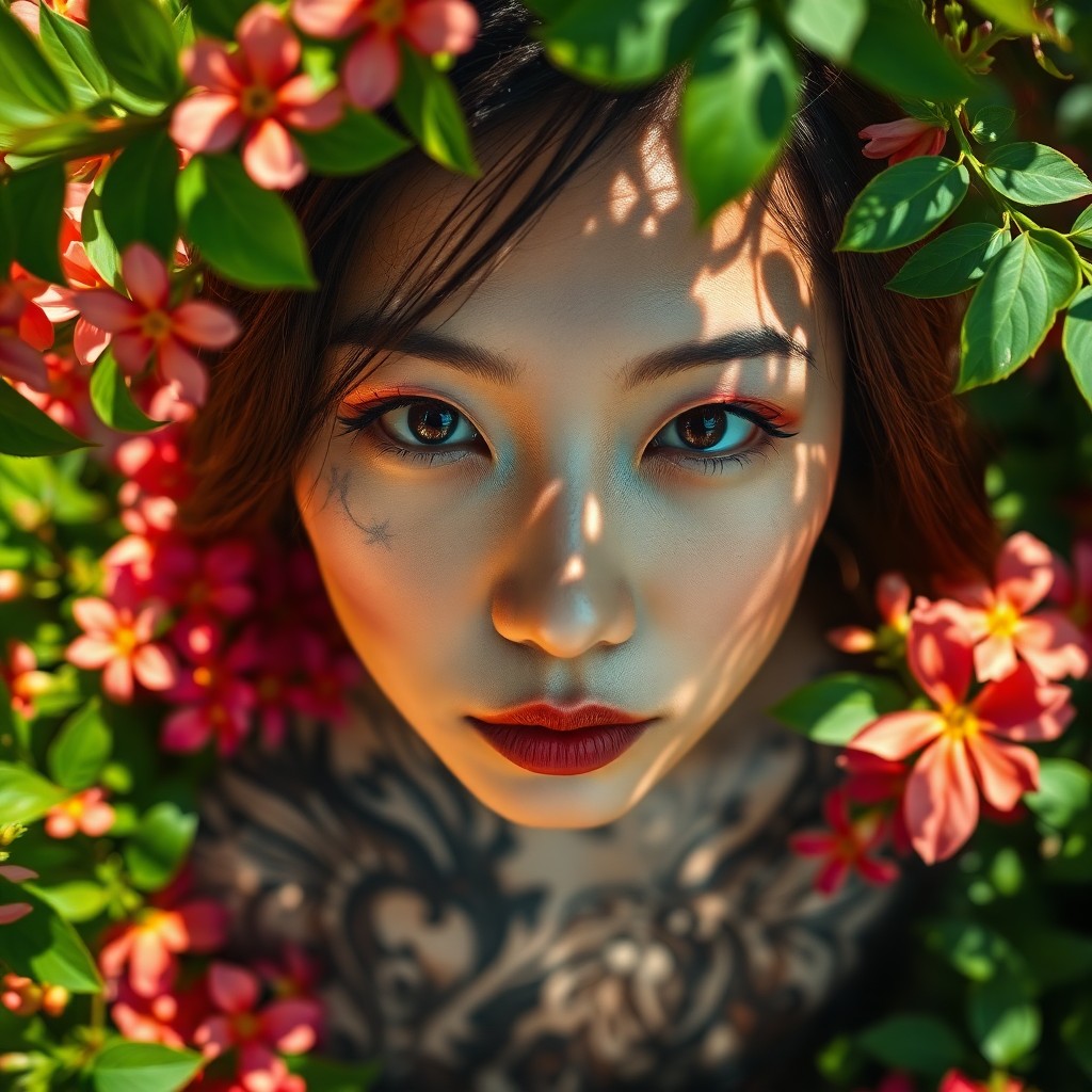 AI generated art for prompt: A close-up portrait of an East Asian woman reveals her striking features and intense expression amid