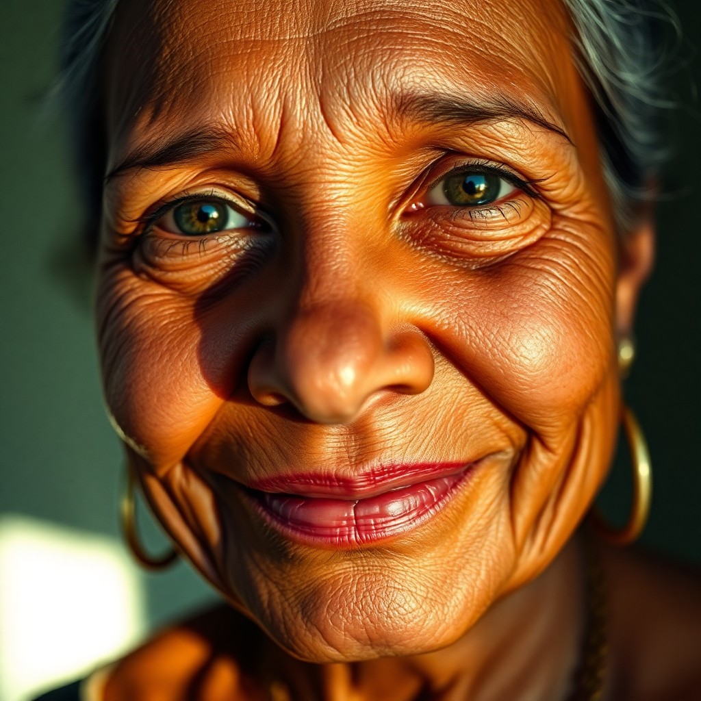 AI generated art for prompt: A highly detailed portrait photograph of an Aboriginal woman presents a cryptic smile, captured from