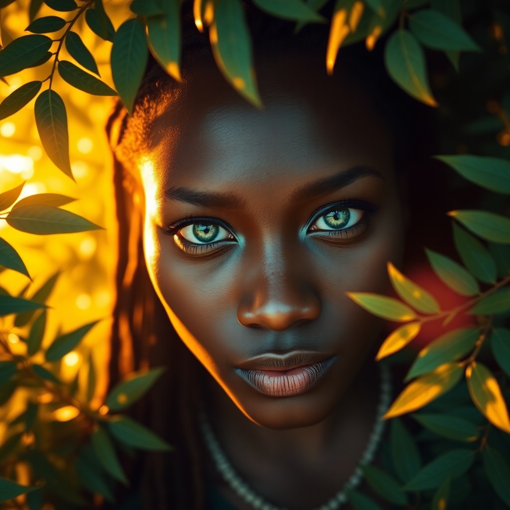 AI generated art for prompt: Craft a photorealistic portrait capturing an African woman's serene gaze amidst dense forest foliage