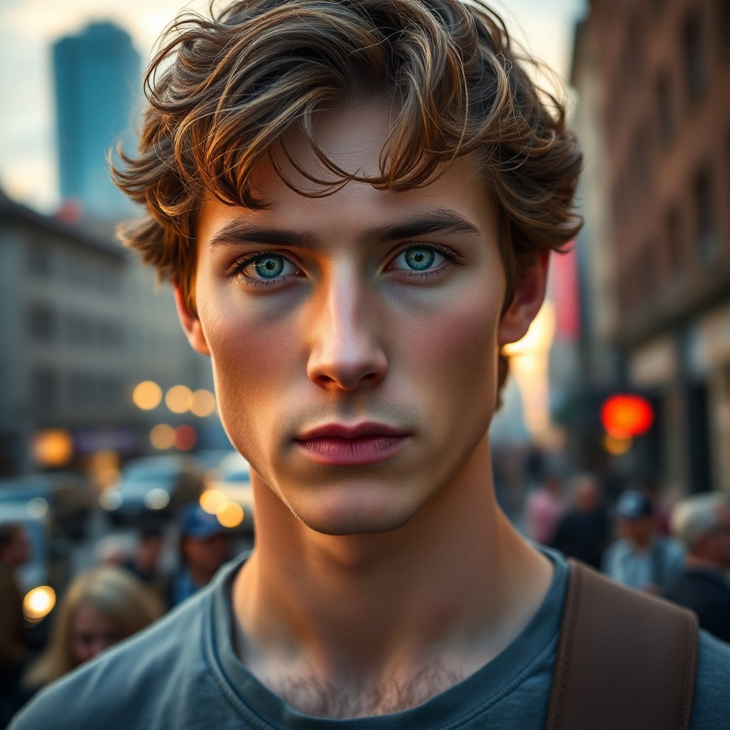 AI generated art for prompt: Imagine a detailed portrait of a young Nordic man with mysterious green eyes and wavy chestnut hair,