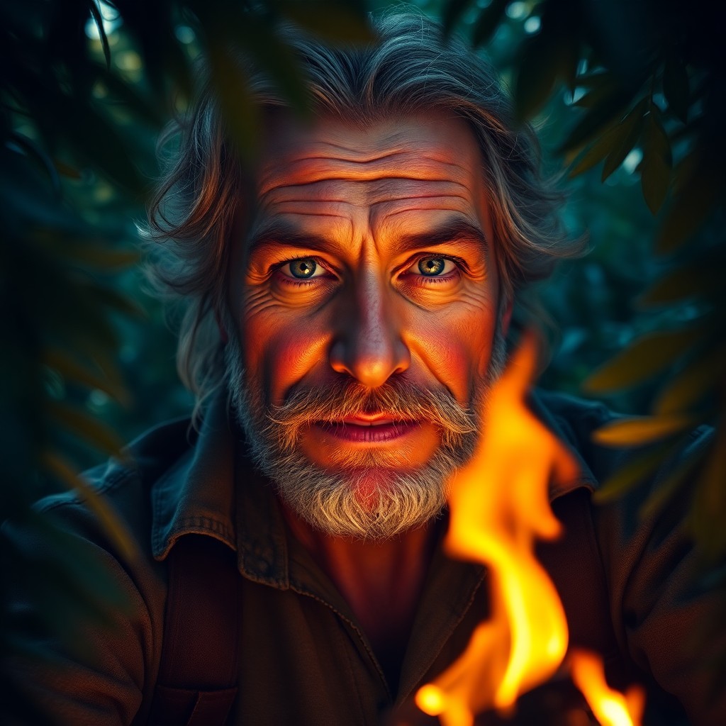 AI generated art for prompt: Craft a captivating portrait photo showcasing a vintage-style middle-aged adventurer with sun-kissed