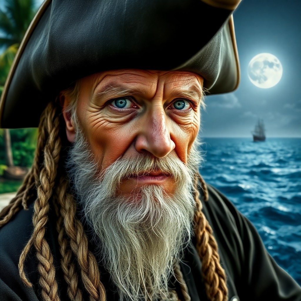 AI generated art for prompt: Imagine a portrait photograph of an experienced pirate captain with wrinkles etched across his face 