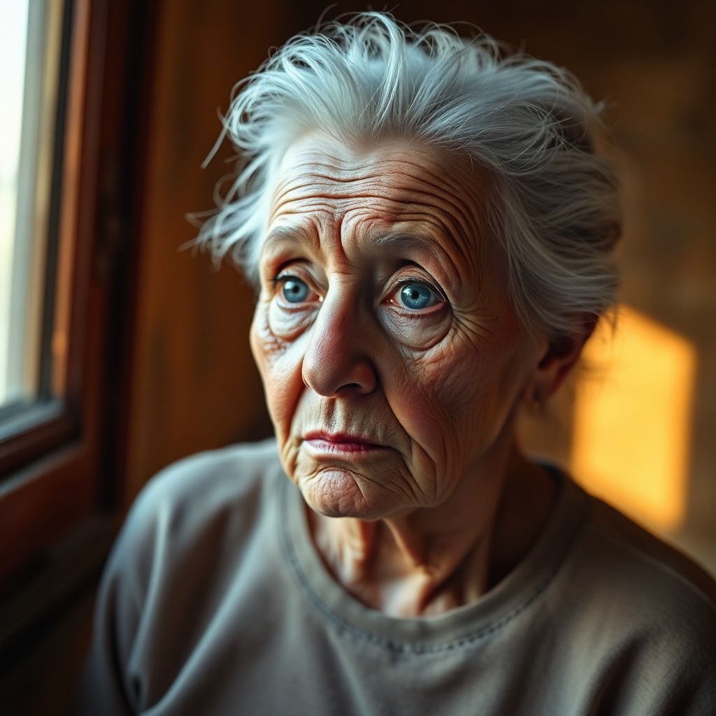 AI generated art for prompt: Craft a photorealistic portrait of an elderly Latin American woman with wrinkled skin and distant bl