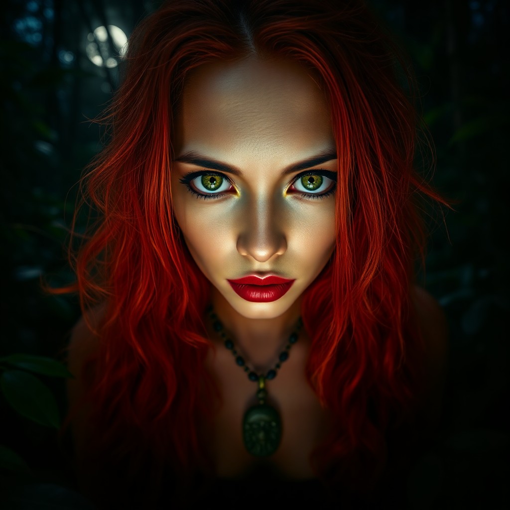 AI generated art for prompt: A captivating portrait of a mysterious Melanesian woman with kind green eyes and long, flowing red h