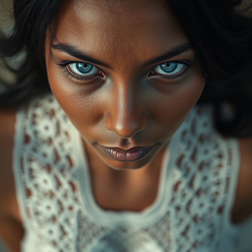 AI generated art for prompt: Craft a hyperrealistic portrait showcasing an unadorned Melanesian woman with captivating blue eyes 