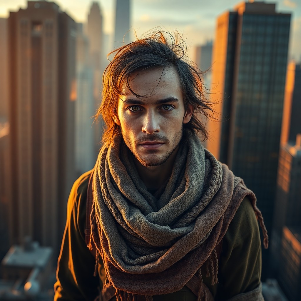 AI generated art for prompt: A photorealistic portrait captures a solitary wanderer against towering skyscrapers from an intrigui