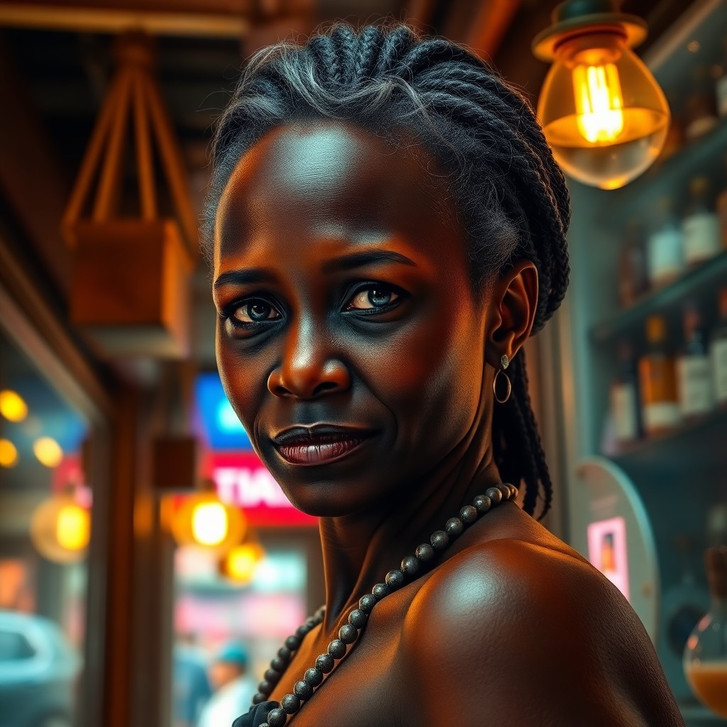 AI generated art for prompt: Envision a captivating portrait of a middle-aged Sub-Saharan African woman with timid blue eyes and 