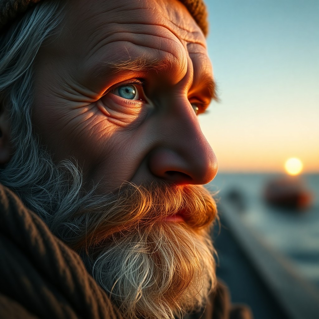 AI generated art for prompt: Envision a film camera's intimate close-up portrait of an aged fisherman with sun-kissed skin and se