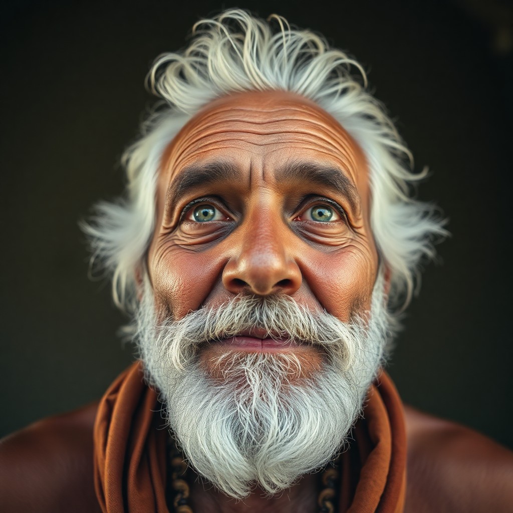 AI generated art for prompt: Craft a portrait photograph of an Aboriginal man exuding wisdom and history through his timid green 