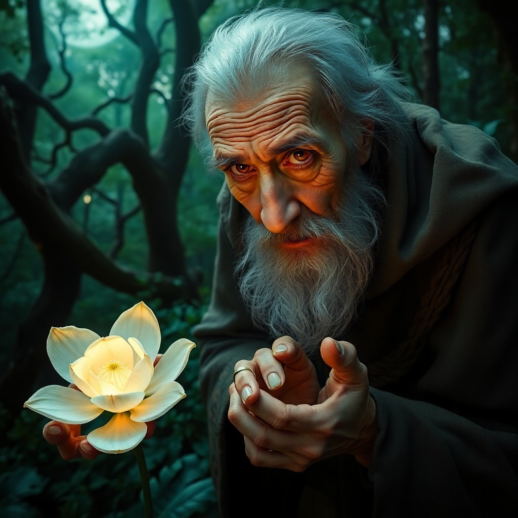 AI generated art for prompt: An ultra-realistic portrait of an elderly mystic with piercing amber eyes amidst a verdant enchanted