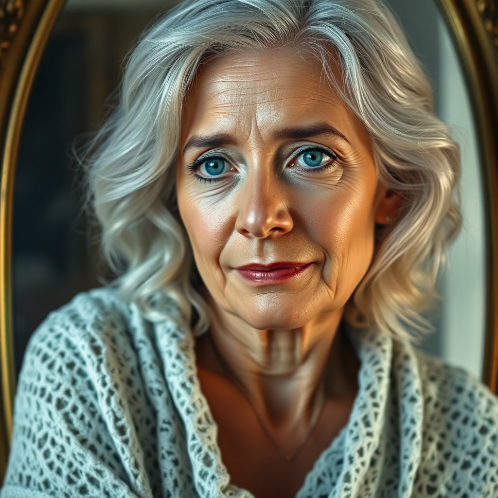 AI generated art for prompt: Craft a photorealistic oil painting portrait of a middle-aged Hispanic woman with serene blue eyes a