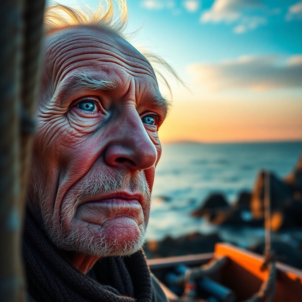 AI generated art for prompt: Craft a photorealistic portrait of an aged fisherman with weathered skin and serene blue eyes. Captu