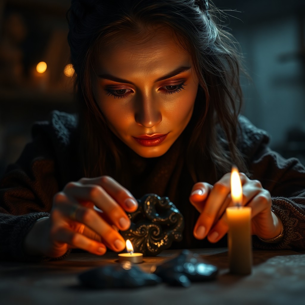 AI generated art for prompt: Craft a photorealistic portrait of an artisan sculpting intricate obsidian art by candlelight. Captu