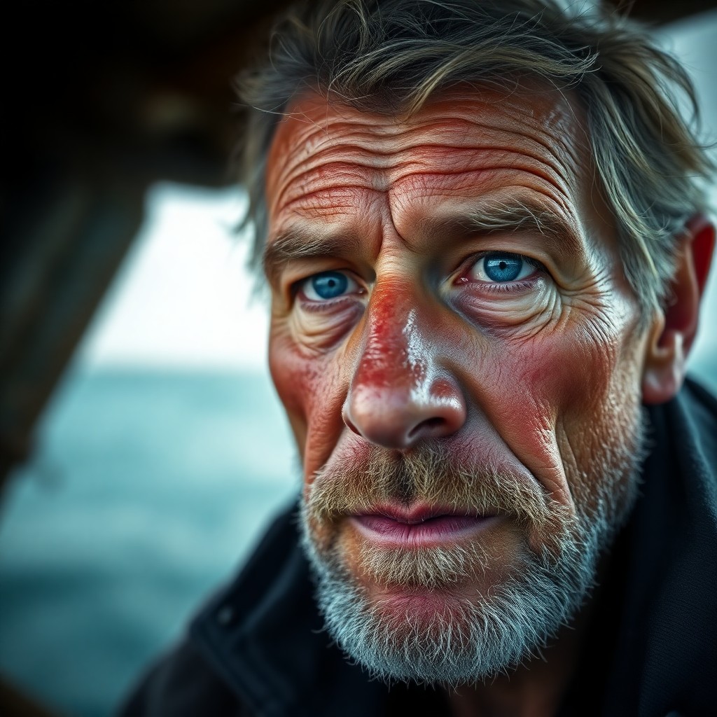 AI generated art for prompt: A photorealistic portrait of a weathered fisherman with rough skin and deep-set blue eyes is illumin