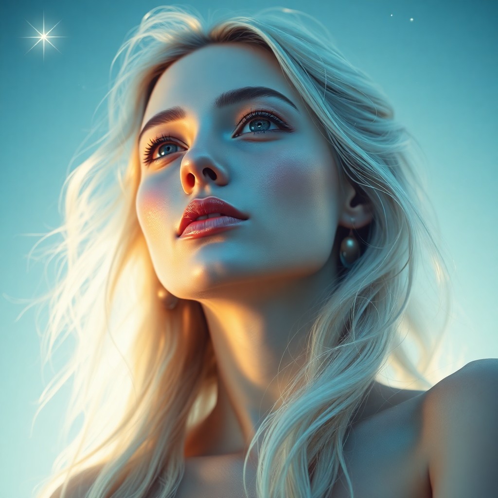 AI generated art for prompt: A hyperrealistic digital portrait showcases an ethereal celestial muse with iridescent skin and lumi