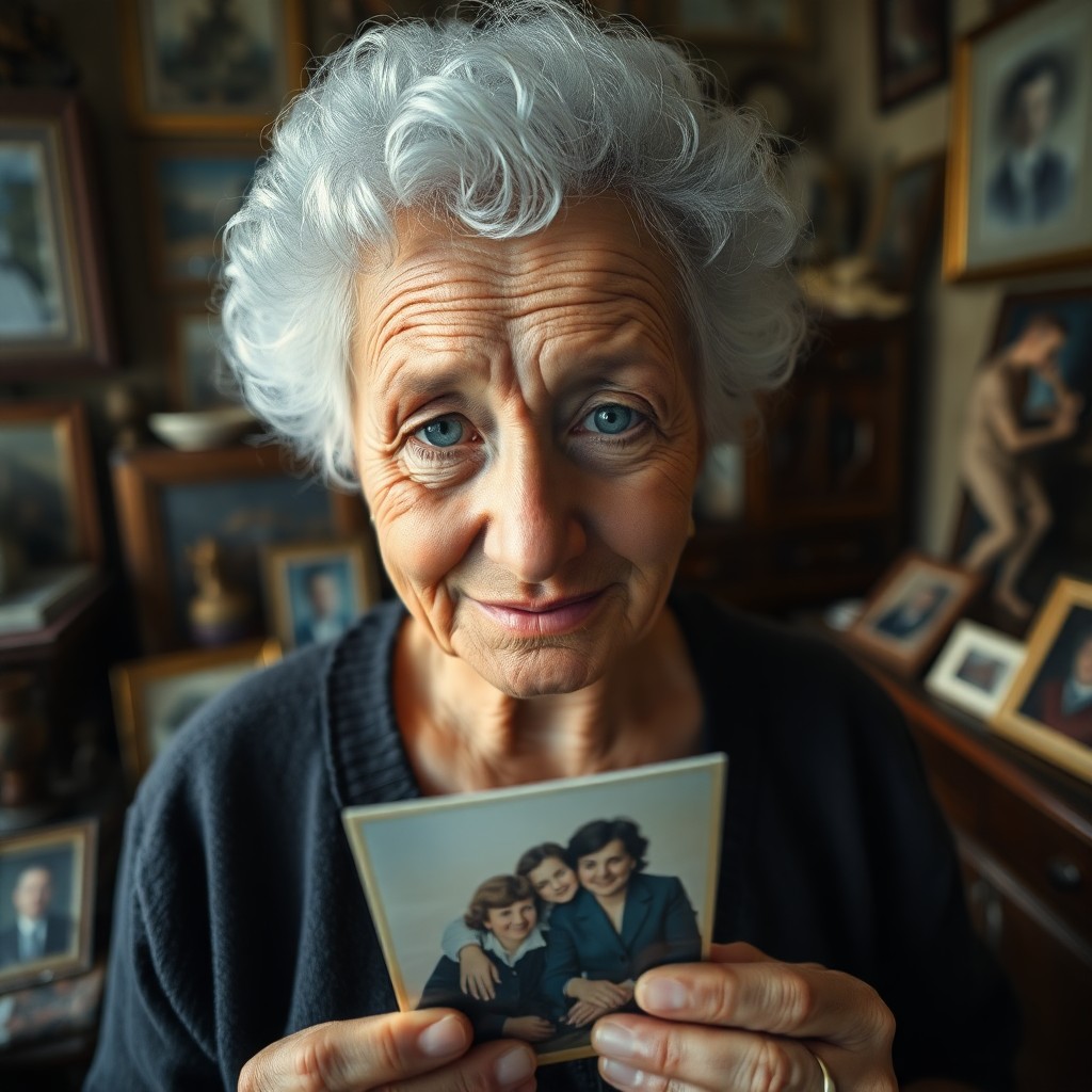 AI generated art for prompt: An elderly Central Asian woman, her face etched with deep wrinkles and kind blue eyes, stands amidst