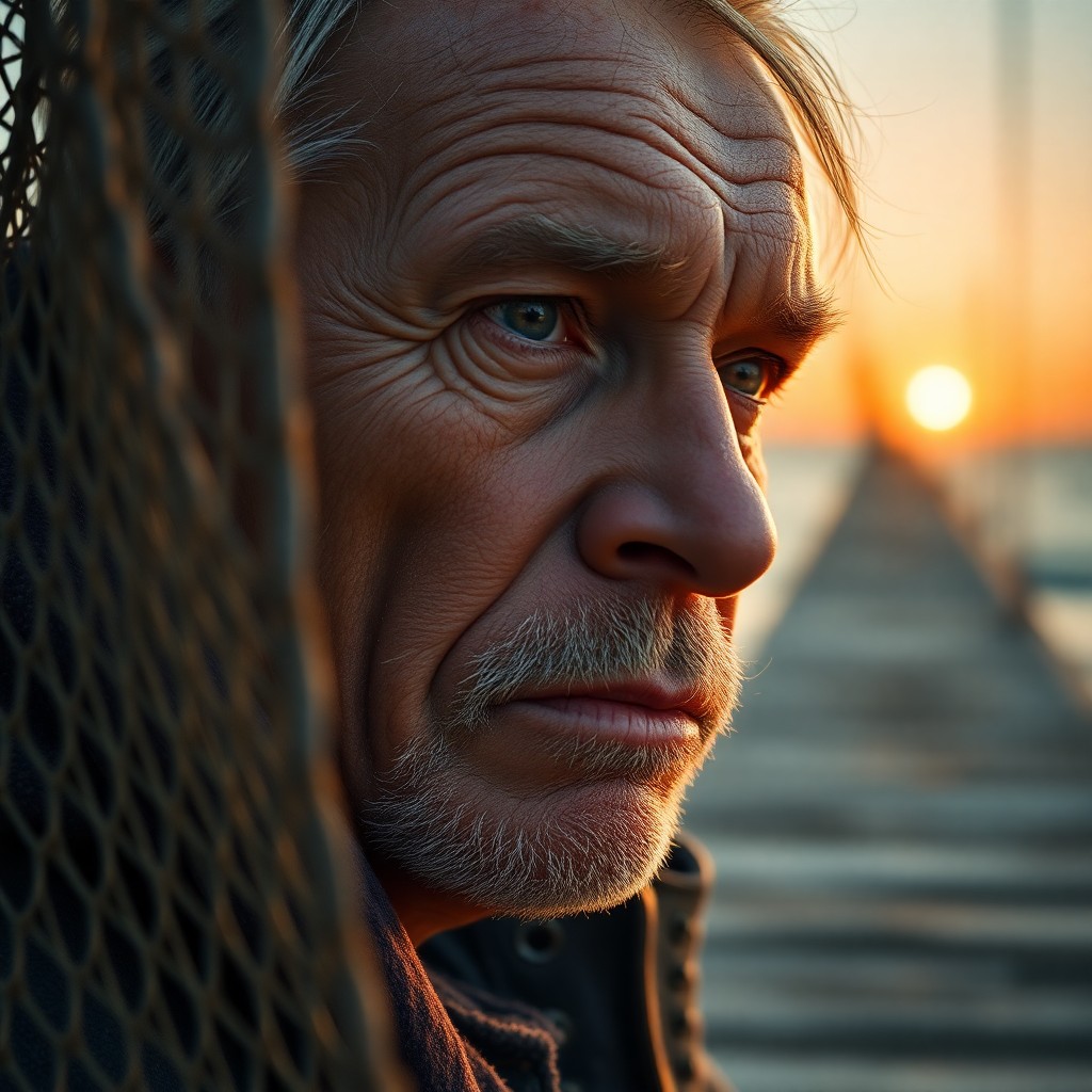 AI generated art for prompt: A mature fisherman's close-up portrait showcases sun-kissed skin and deep eye creases, bathed in gol